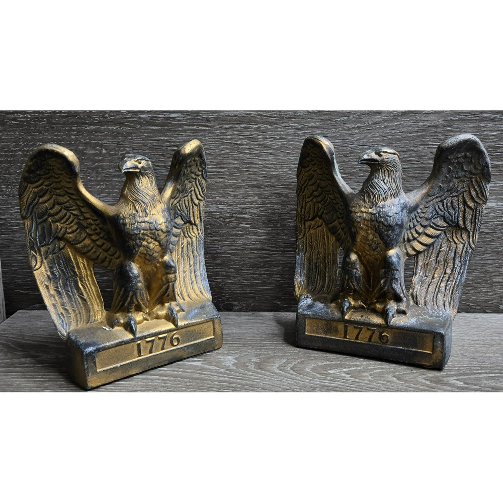 Vintage American Bald Eagle "1776" Cast Metal Bookends Brass Tone Decor Lot of 2